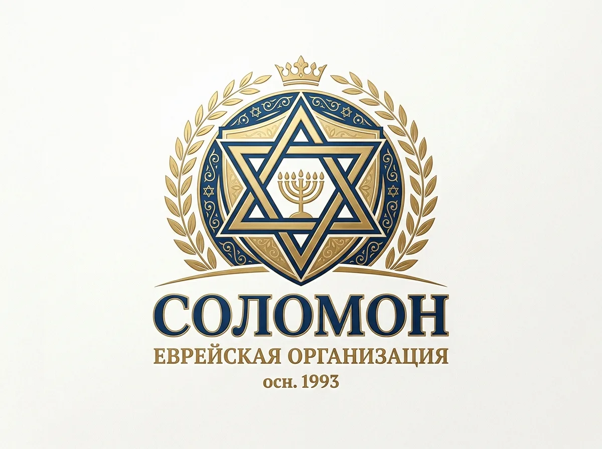 Логотип еврейской организации Соломон на светлом фоне, синие и золотые тона, официальный стиль